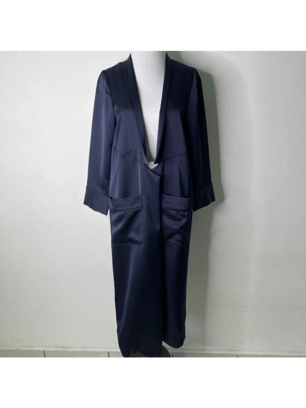 AYR The Robe Navy Blue Satin Silk Blend Duster Coat Jacket Pockets Women’s Size